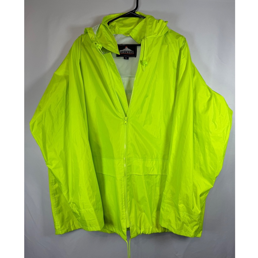 Portwest Mens XL Neon Yellow Hooded Windbreaker Full Zip Mesh Lined Jacket